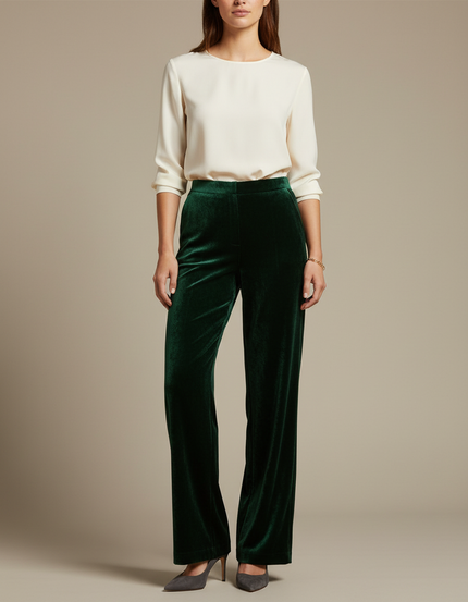 Pantalon Velours Vert Émeraude Large Élégant Femme