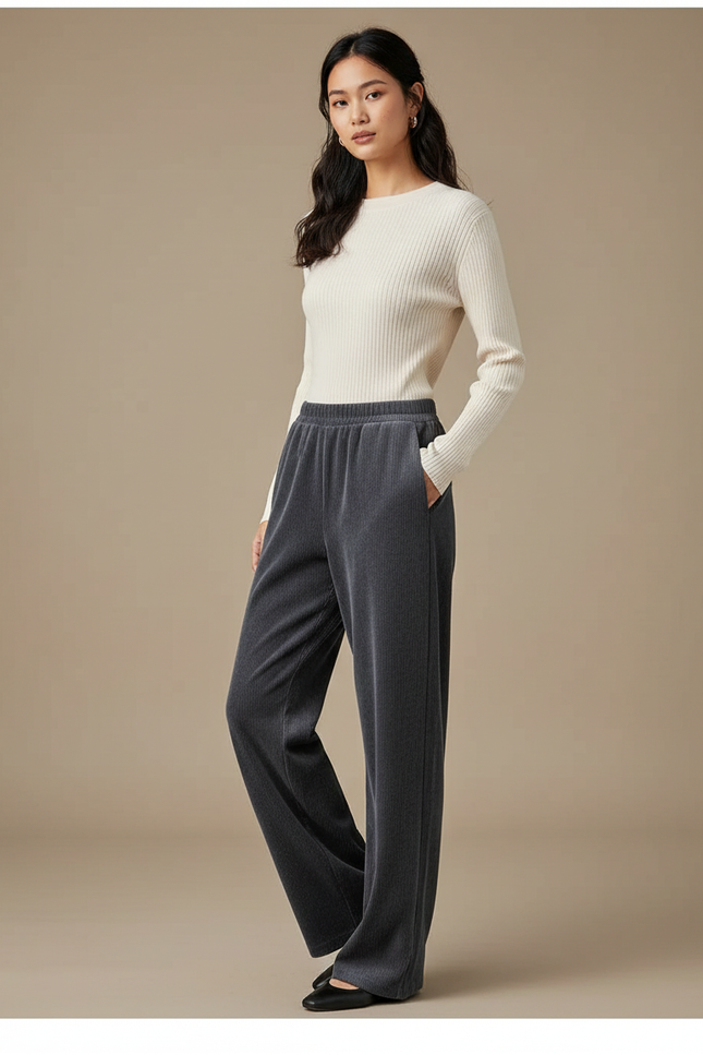 Pantalon Velours Côtelé Gris Ample Femme - Cordé