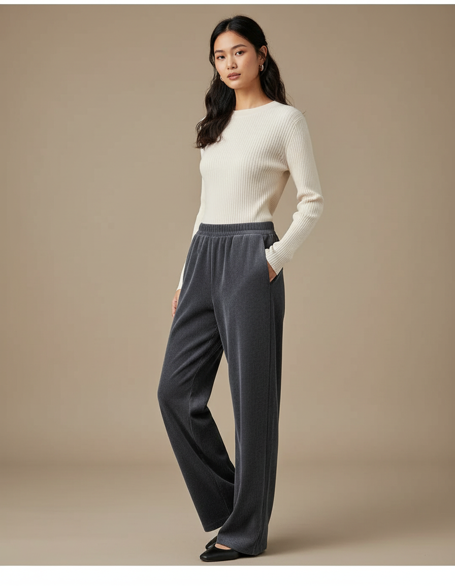 Pantalon Velours Côtelé Gris Ample Femme - Cordé