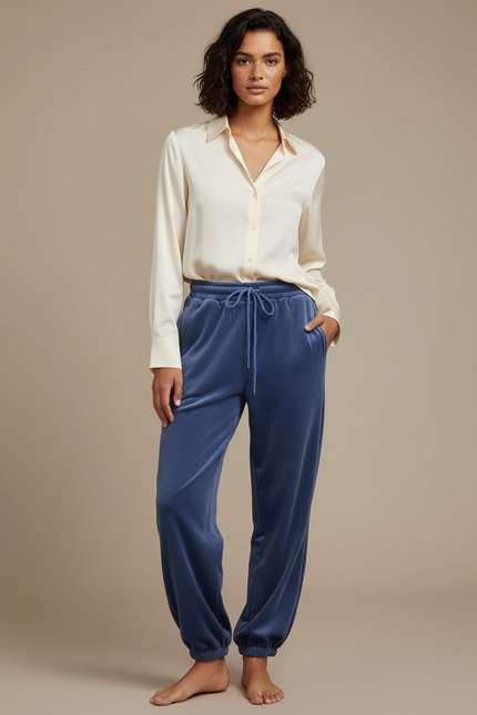 Pantalon Velours Bleu Ample Décontracté Cordon Femme