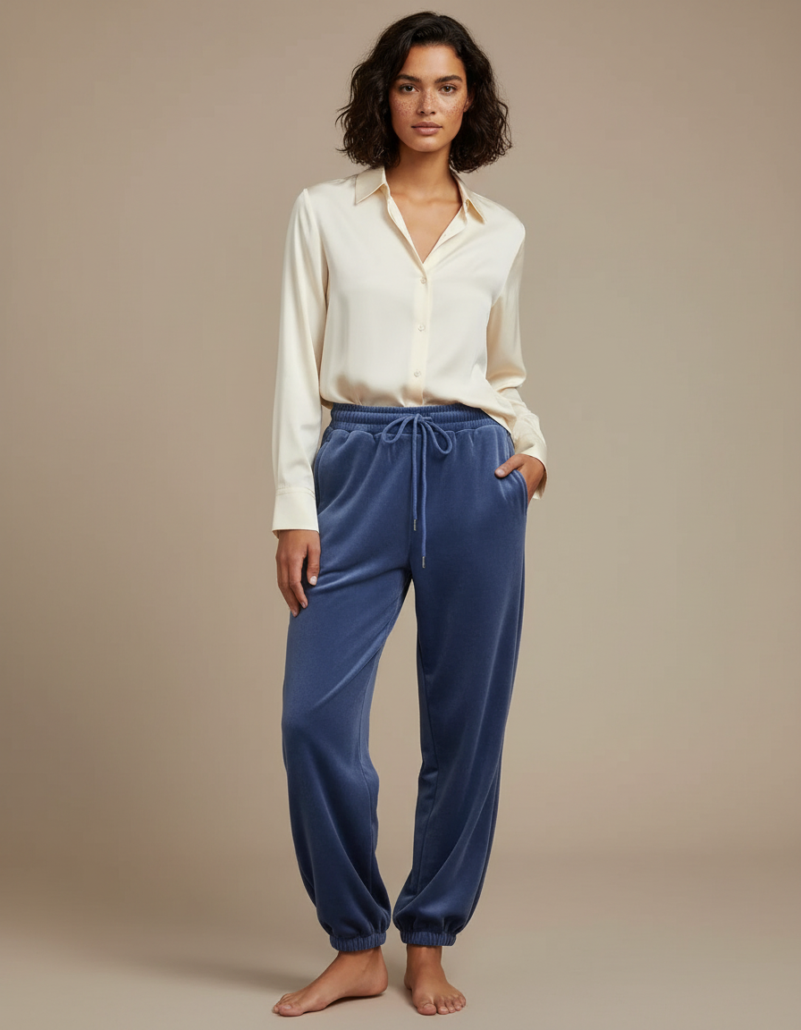 Pantalon Velours Bleu Ample Décontracté Cordon Femme