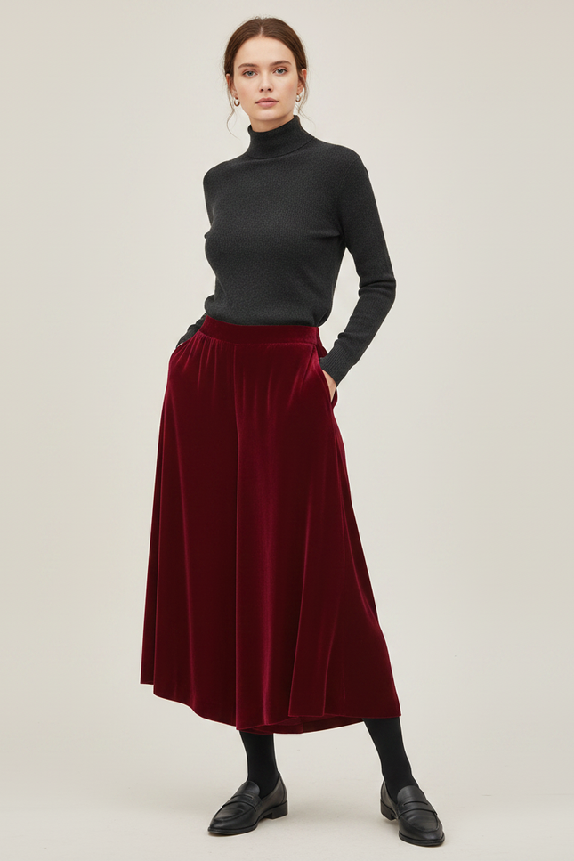 Pantalon Velours Bordeaux Ample Confortable Taille Haute