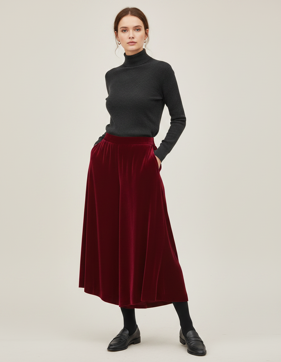 Pantalon Velours Bordeaux Ample Confortable Taille Haute