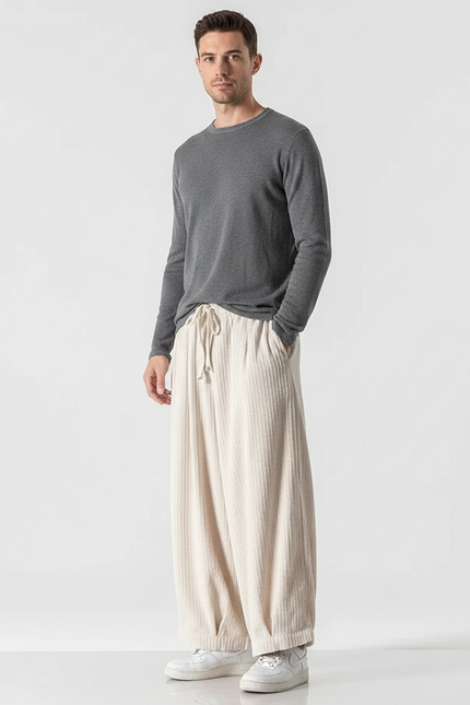 Pantalon Velours Beige Côtelé Ample Homme Décontracté - Cordé