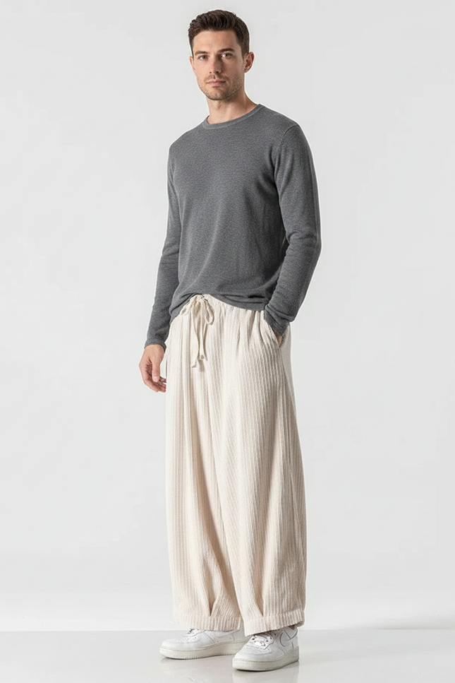 Pantalon Velours Beige Côtelé Ample Homme Décontracté - Cordé