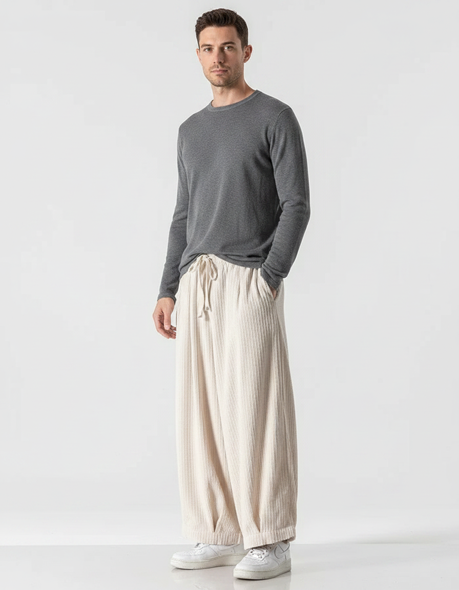 Pantalon Velours Beige Côtelé Ample Homme Décontracté - Cordé