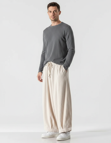 Pantalon Velours Beige Côtelé Ample Homme Décontracté - Cordé