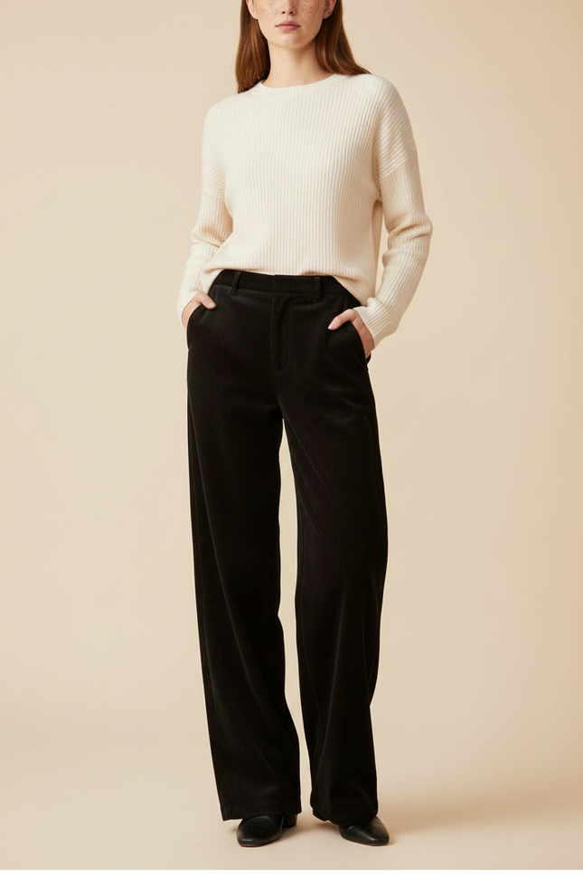 Pantalon Velours Noir Côtelé Large Décontracté Femme