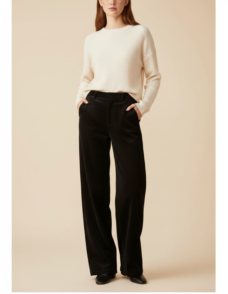 Pantalon Velours Noir Côtelé Large Décontracté Femme