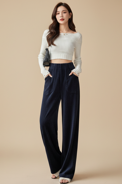 Pantalon Velours Cotelé Bleu Marine Femme - Cordé