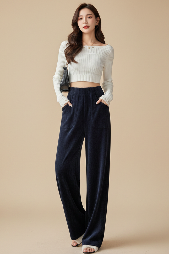 Pantalon Velours Cotelé Bleu Marine Femme - Cordé