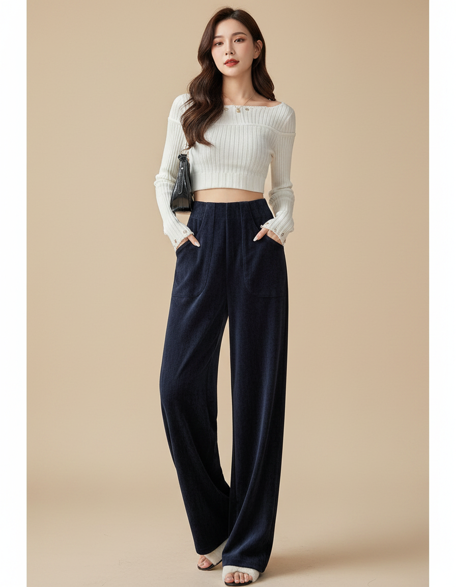 Pantalon Velours Cotelé Bleu Marine Femme - Cordé
