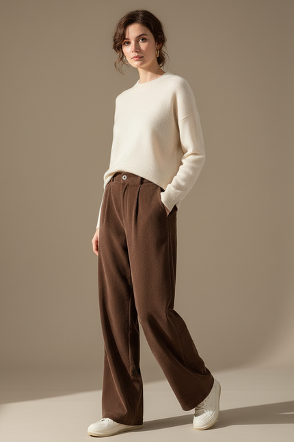 Pantalon Velours Marron Côtelé Femme Ample Taille Haute - Cordé