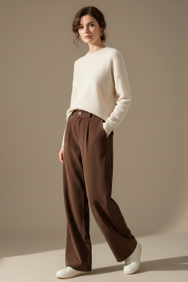 Pantalon Velours Marron Côtelé Femme Ample Taille Haute - Cordé