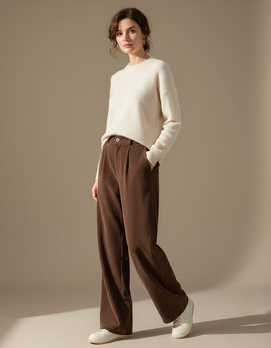 Pantalon Velours Marron Côtelé Femme Ample Taille Haute - Cordé