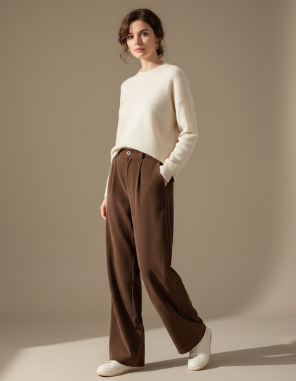 Pantalon Velours Marron Côtelé Femme Ample Taille Haute - Cordé