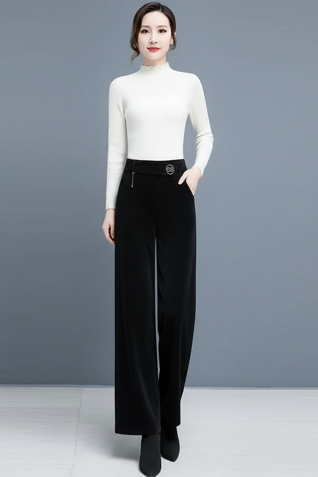 Pantalon Velours Noir Ample Large Élastique Femme - Cordé