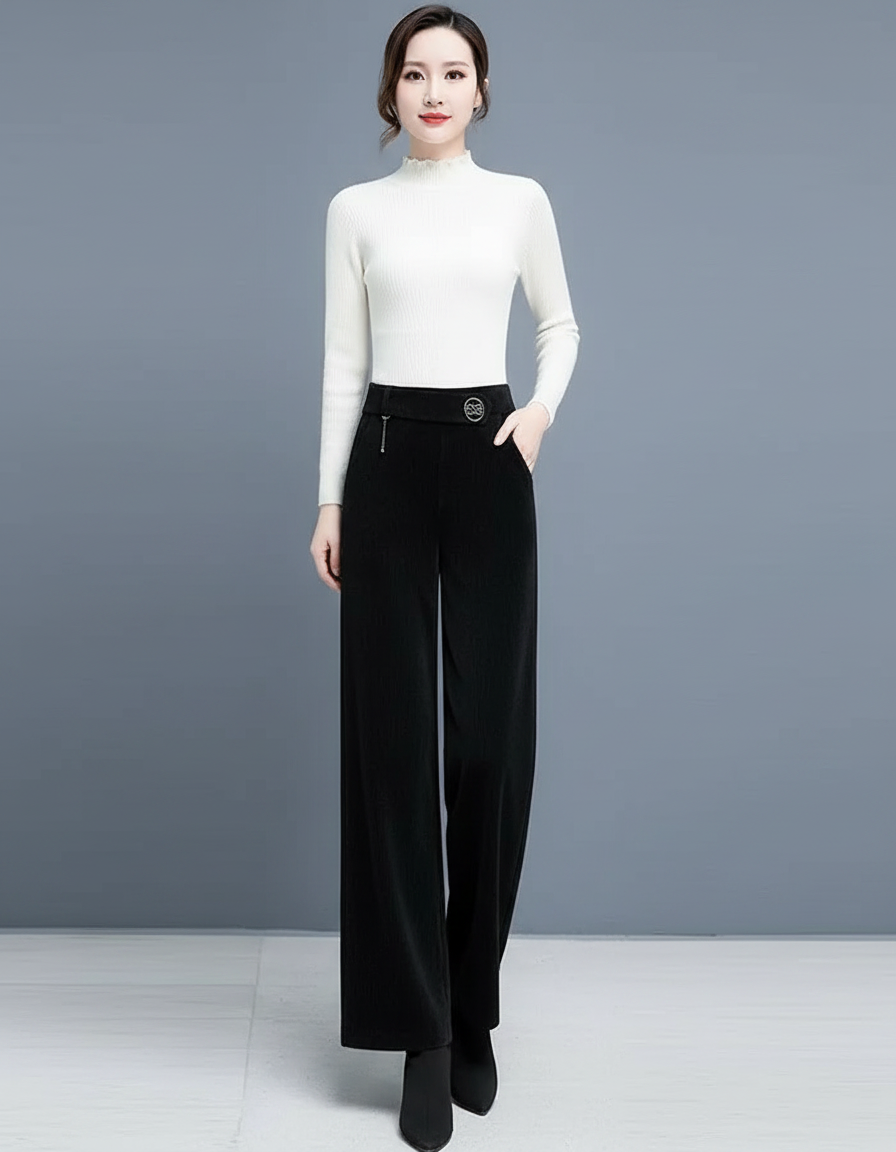 Pantalon Velours Noir Ample Large Élastique Femme - Cordé