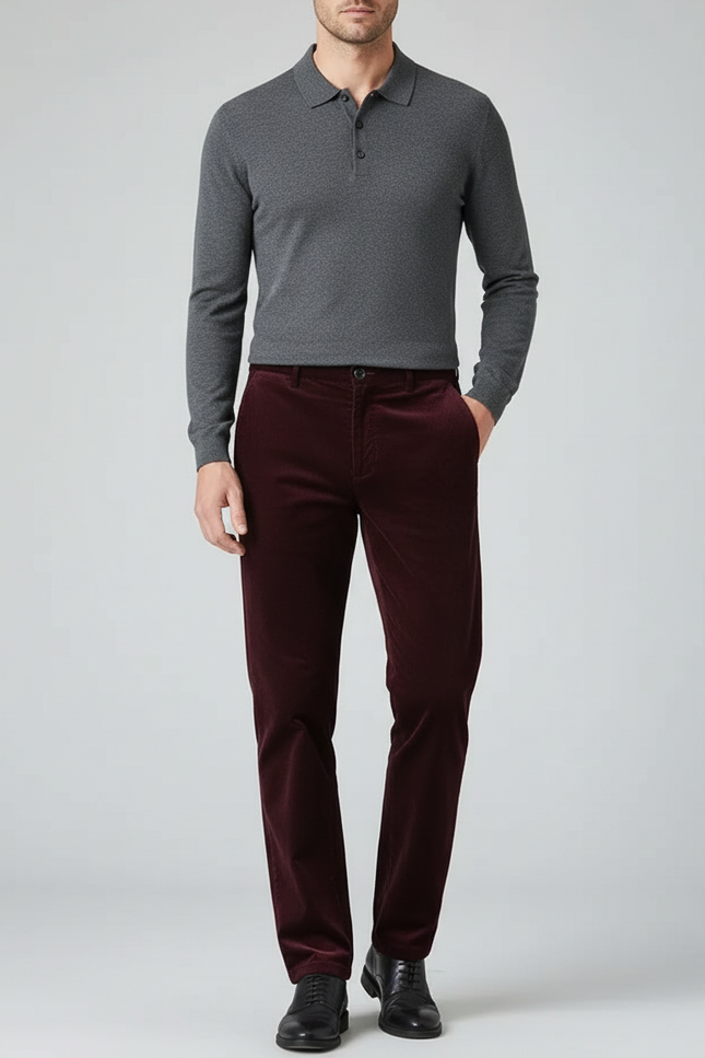 Pantalon Velours Bordeaux Côtelé Droit Homme Décontracté - Cordé