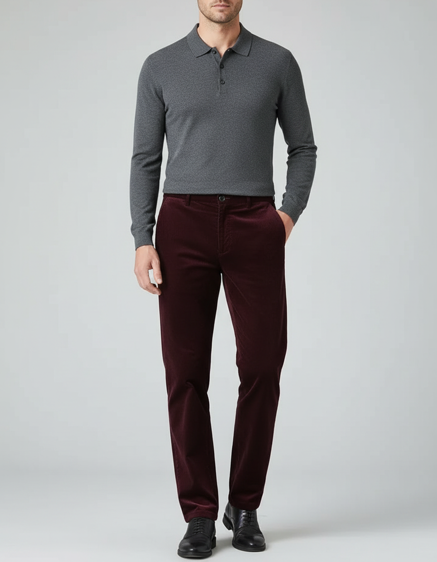 Pantalon Velours Bordeaux Côtelé Droit Homme Décontracté - Cordé
