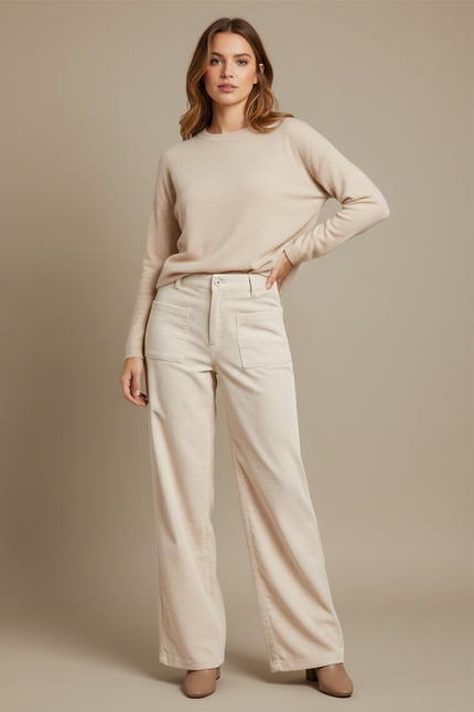 Pantalon Velours Côtelé Beige Ample Décontracté Chic - Cordé