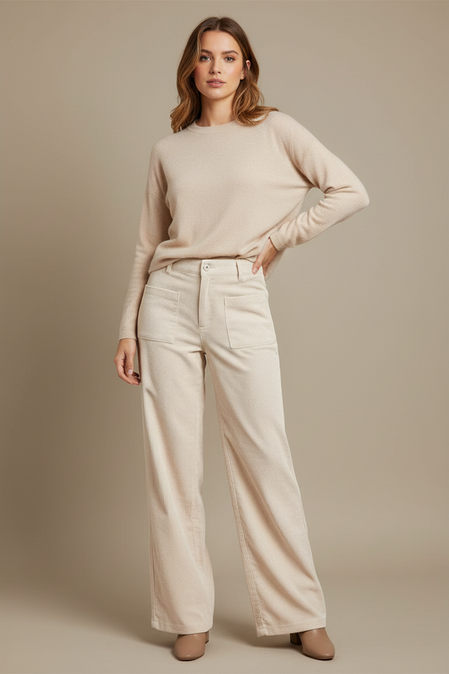 Pantalon Velours Côtelé Beige Ample Décontracté Chic - Cordé