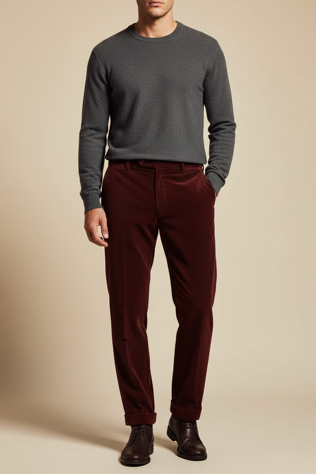 Pantalon Velours Côtelé Bordeaux Homme Droit Élégant - Cordé