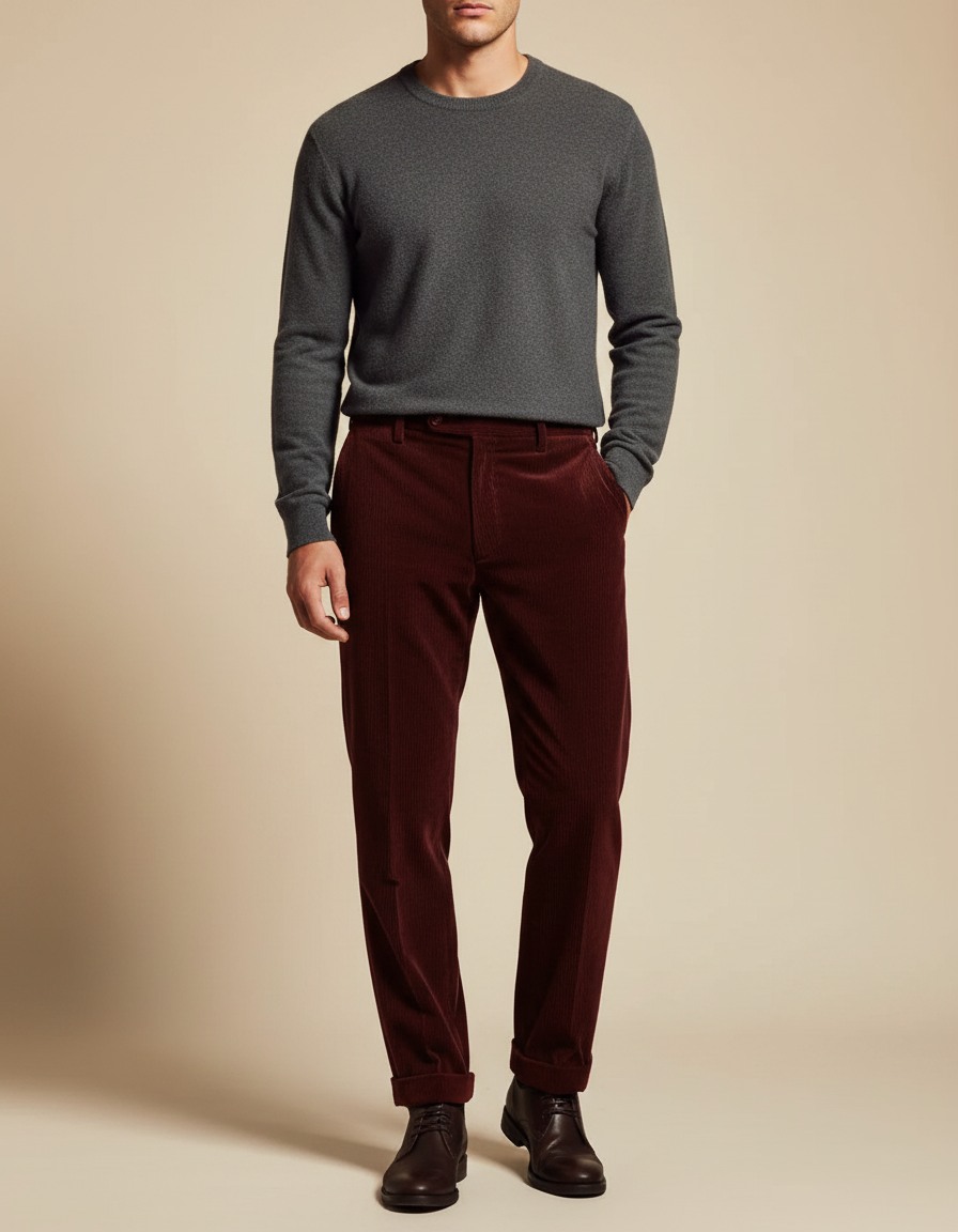 Pantalon Velours Côtelé Bordeaux Homme Droit Élégant - Cordé