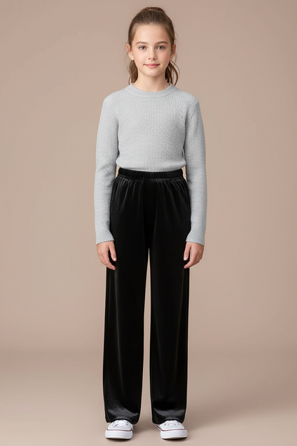 Pantalon Velours Noir Ample Droit Élastiqué Fille