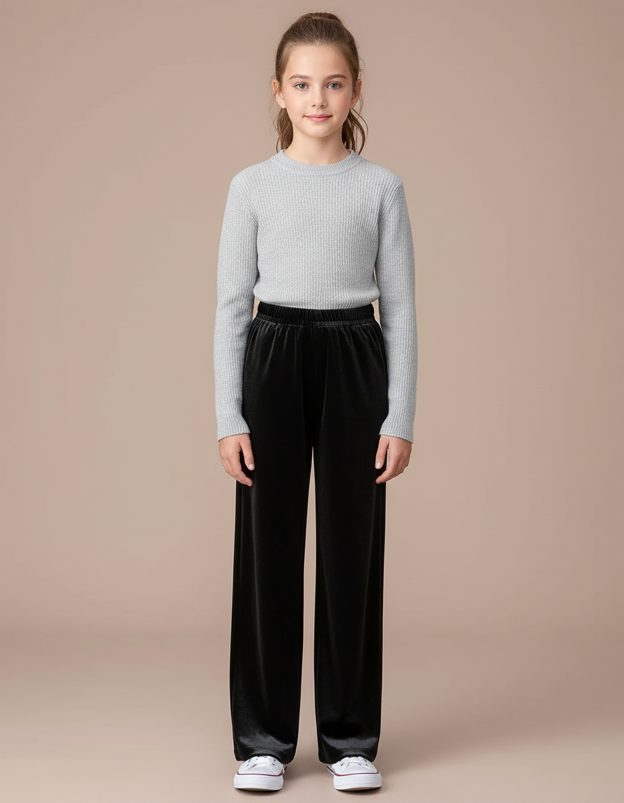 Pantalon Velours Noir Ample Droit Élastiqué Fille