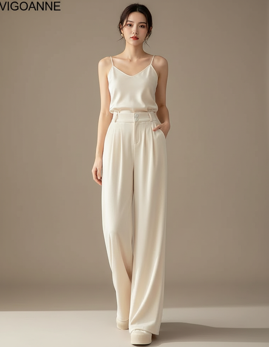 Pantalon Velours Beige Ample Fluide Élégant Femme - Viscose