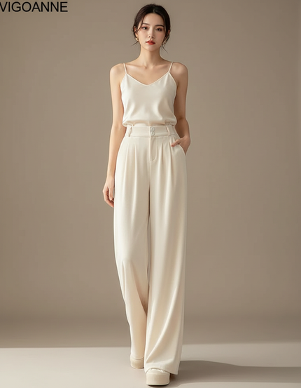 Pantalon Velours Beige Ample Fluide Élégant Femme - Viscose