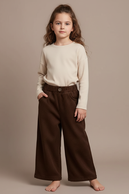Pantalon Velours Marron Côtelé Ample Enfant Hiver - Cordé