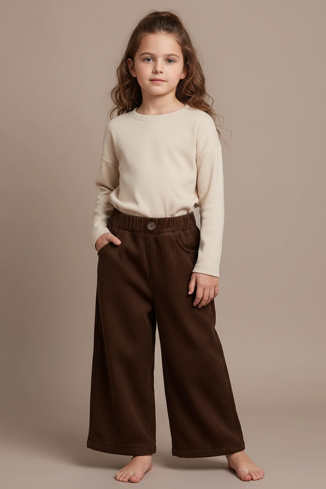 Pantalon Velours Marron Côtelé Ample Enfant Hiver - Cordé