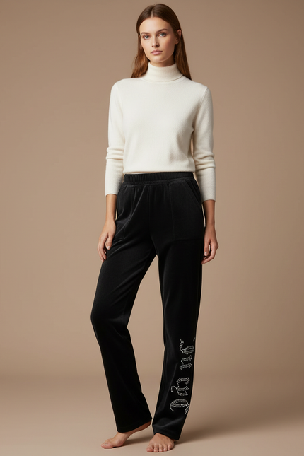 Pantalon Velours Noir Droit Strass Confortable