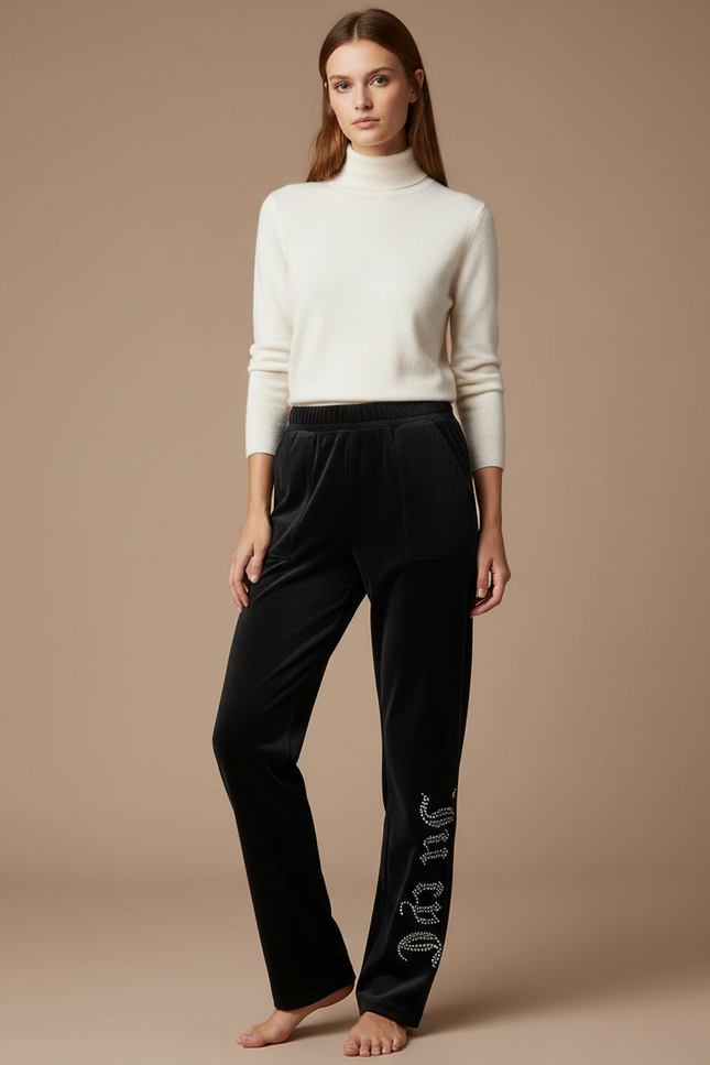 Pantalon Velours Noir Droit Strass Confortable