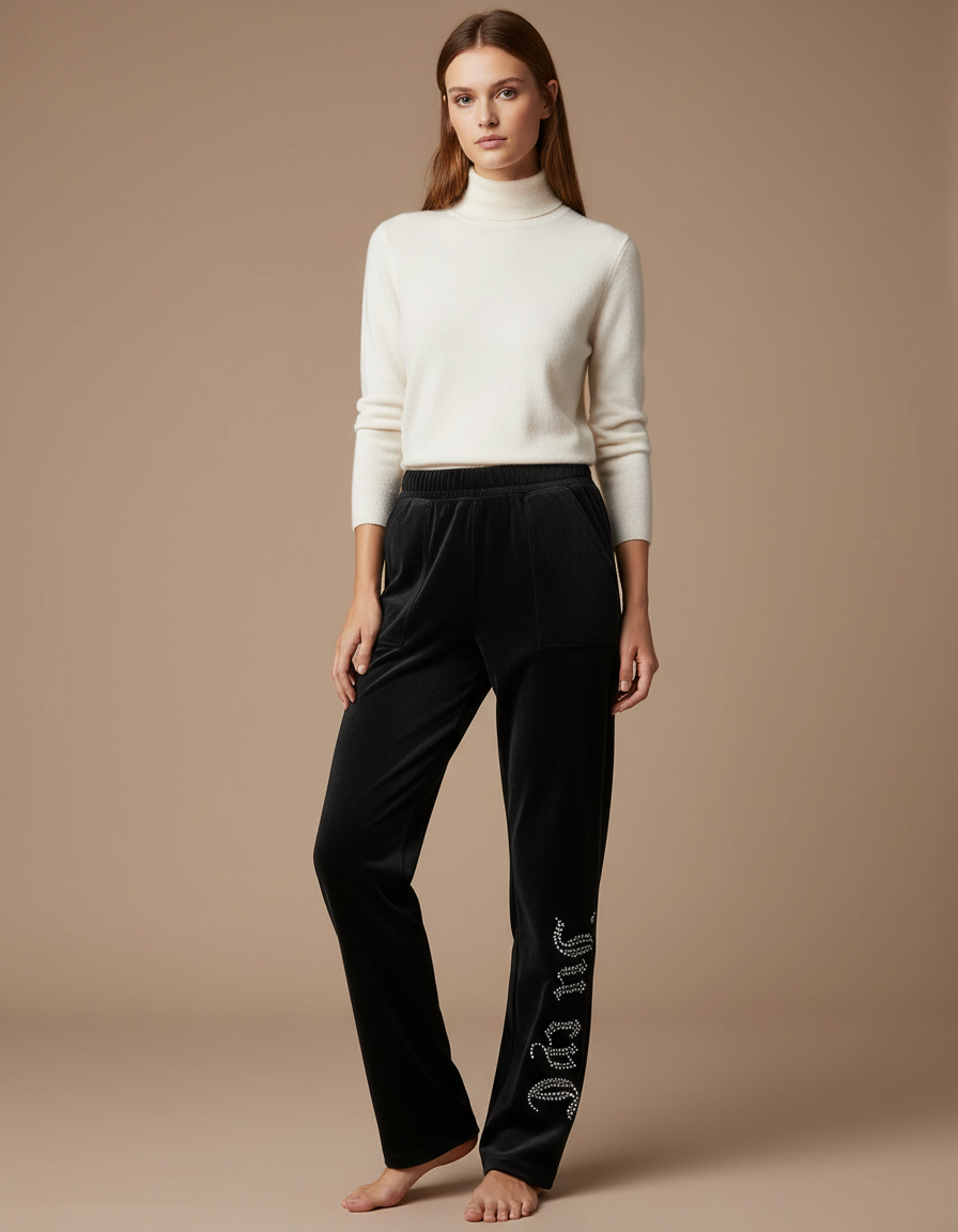 Pantalon Velours Noir Droit Strass Confortable