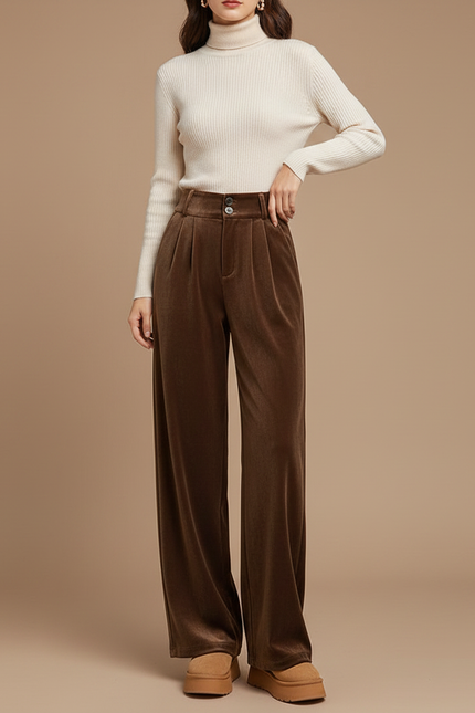Pantalon Velours Marron Large Plissé Confortable Femme