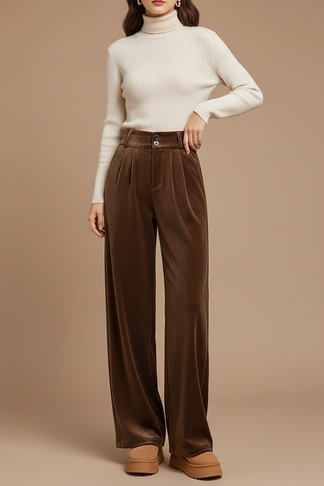 Pantalon Velours Marron Large Plissé Confortable Femme