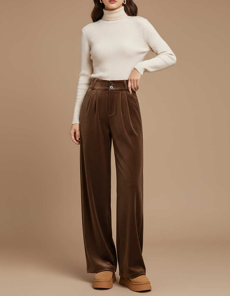 Pantalon Velours Marron Large Plissé Confortable Femme