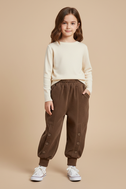 Pantalon Velours Marron Côtelé Ample Boutons Enfant - Cordé