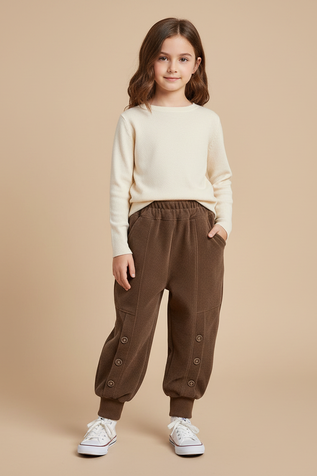 Pantalon Velours Marron Côtelé Ample Boutons Enfant - Cordé