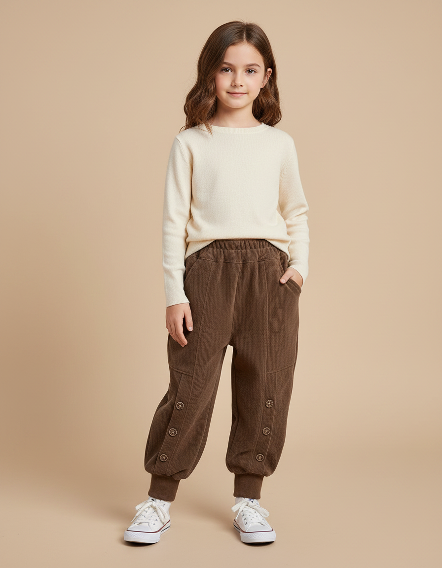 Pantalon Velours Marron Côtelé Ample Boutons Enfant - Cordé