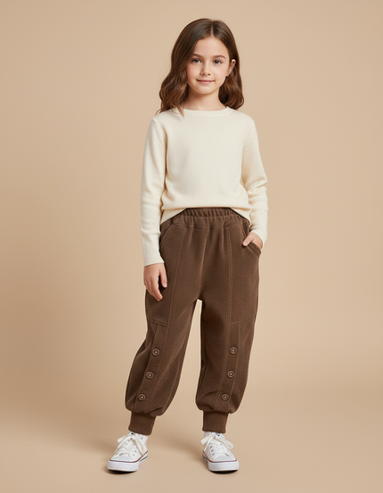 Pantalon Velours Marron Côtelé Ample Boutons Enfant - Cordé