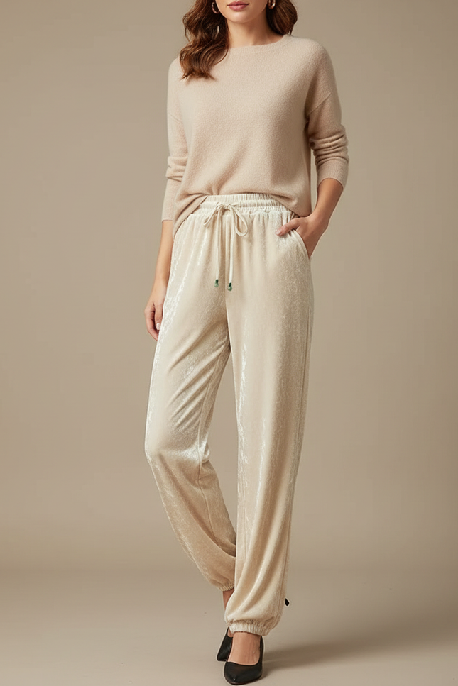 Pantalon Velours Beige Fluide Droit Décontracté Femme