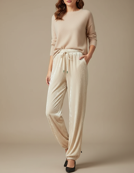 Pantalon Velours Beige Fluide Droit Décontracté Femme