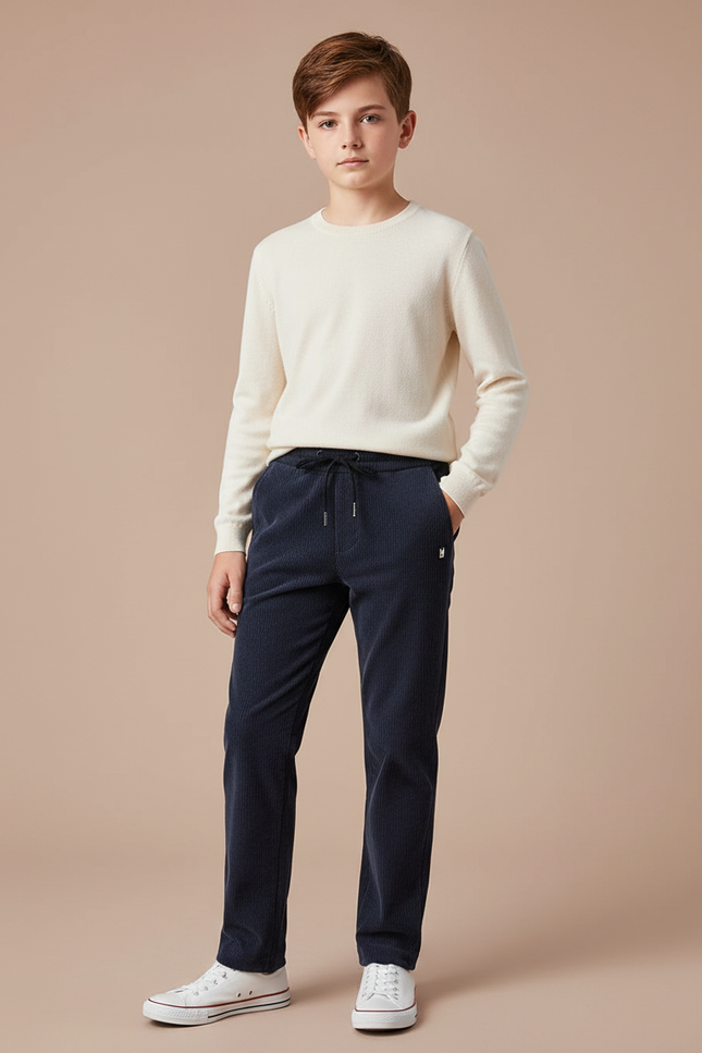 Pantalon Velours Côtelé Bleu Marine Droit Garçon Décontracté - Cordé