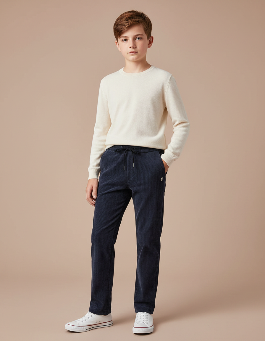 Pantalon Velours Côtelé Bleu Marine Droit Garçon Décontracté - Cordé