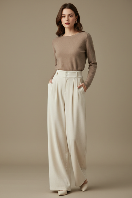 Pantalon Velours Large Crème Taille Haute Confortable - Beige Cordé
