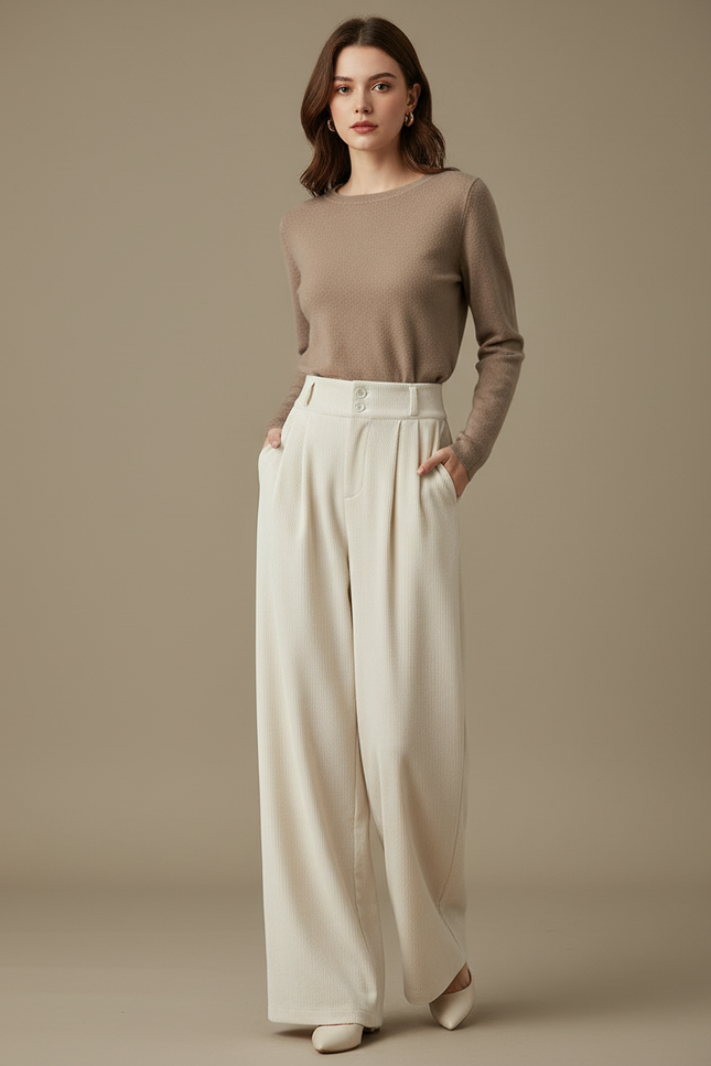 Pantalon Velours Large Crème Taille Haute Confortable - Beige Cordé